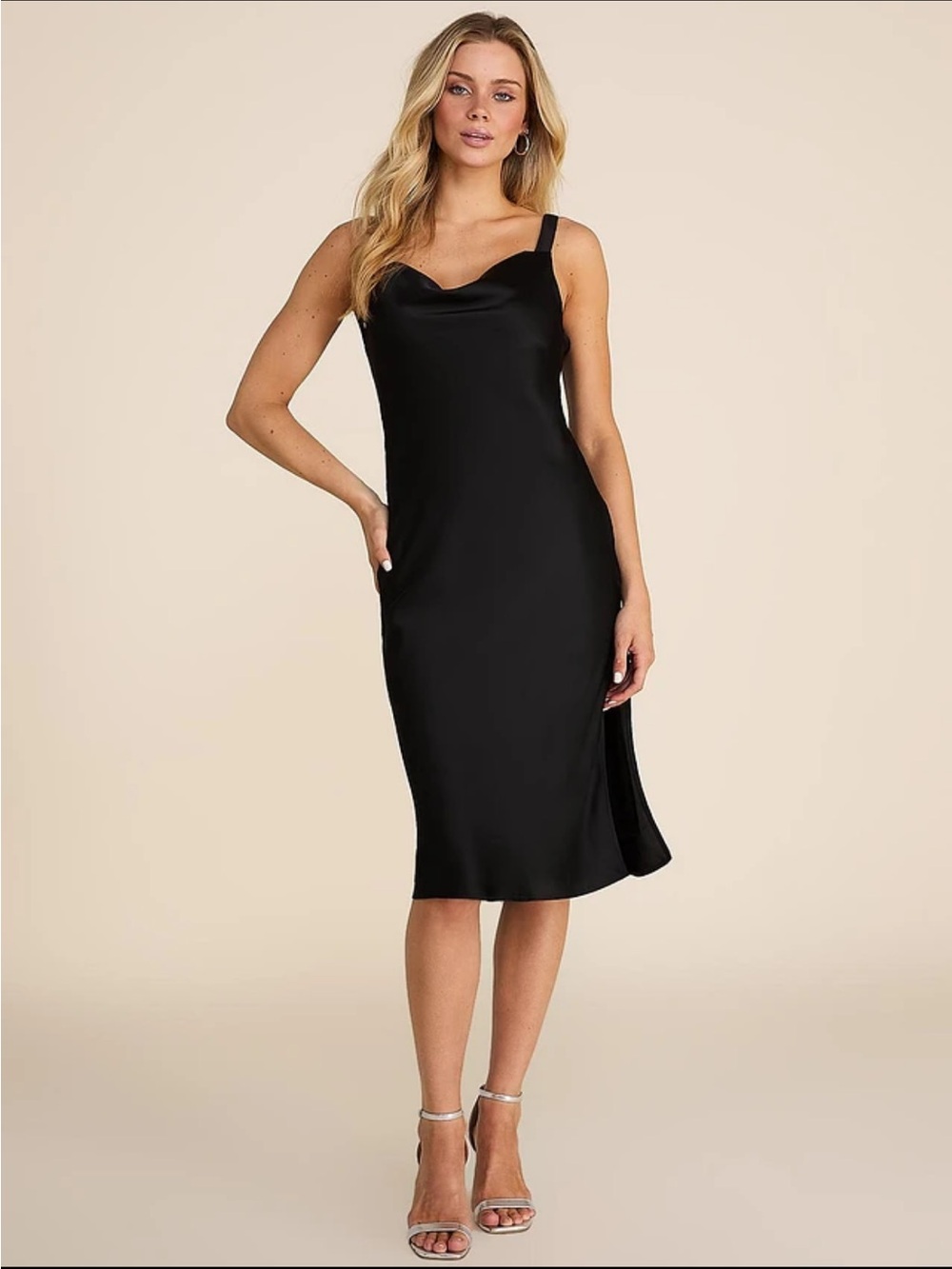 le château Black Satin Cowl Midi Dress